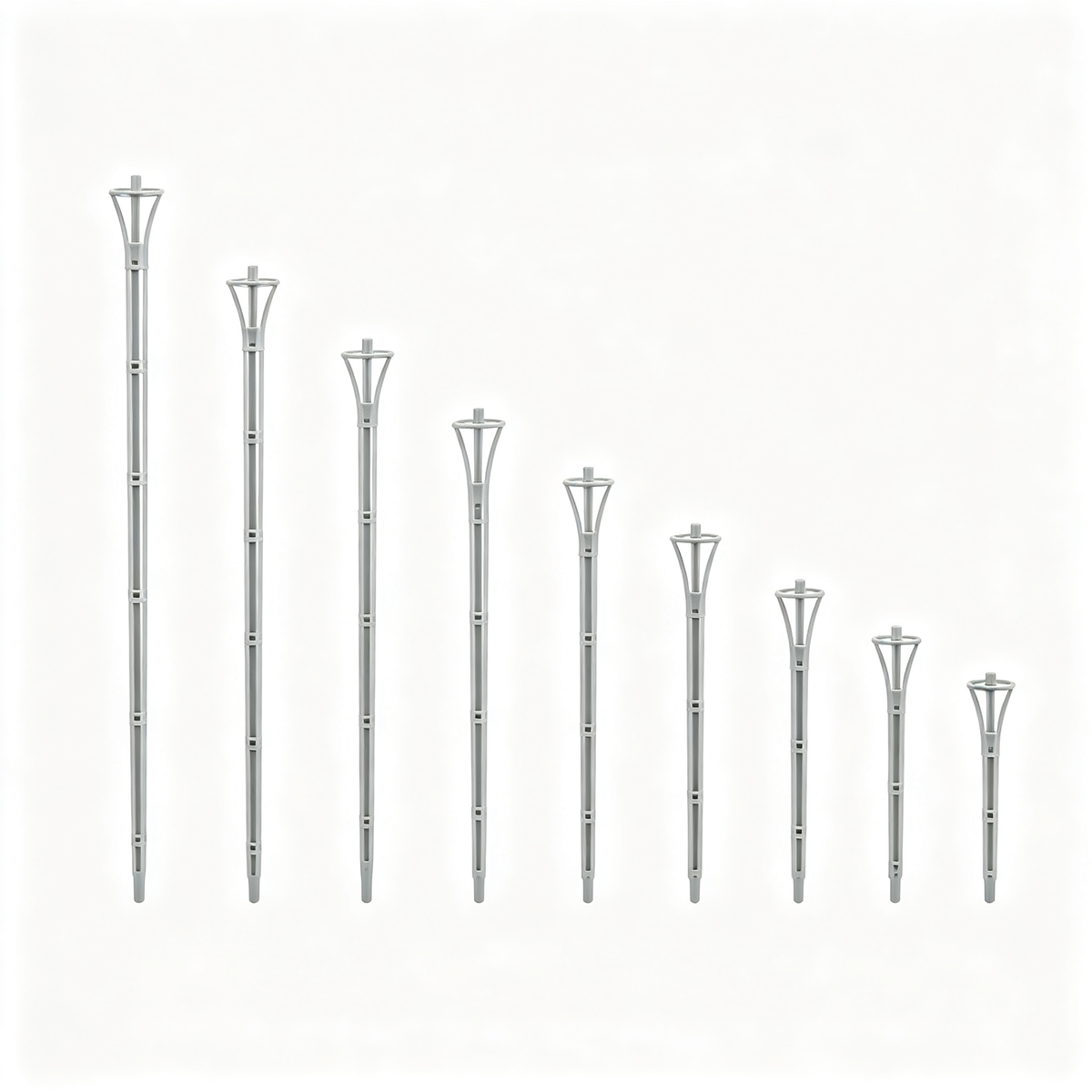8-piece metal plant support stakes graduated sizes white background