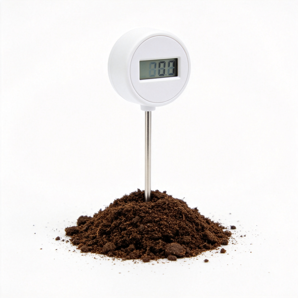 Digital Soil Thermometer with LCD display in soil - white background