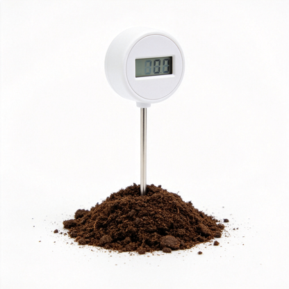 Digital Soil Thermometer with LCD display in soil - white background