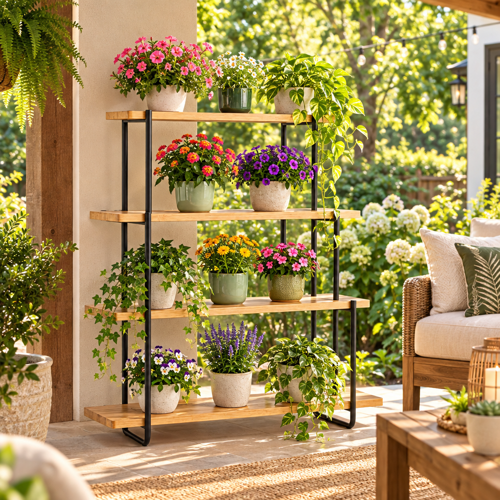 Bamboo plant stand on sunny outdoor covered patio