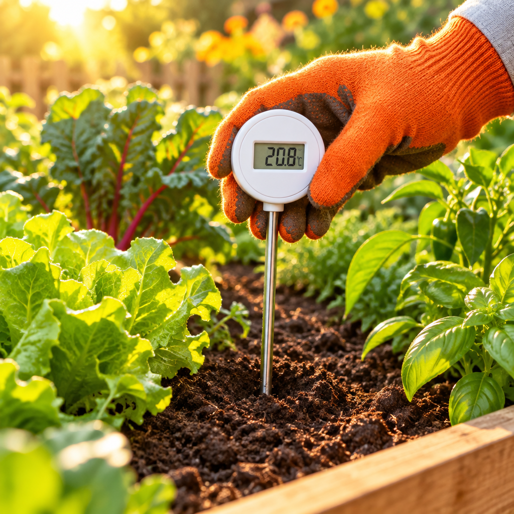 Gardener using soil thermometer in raised bed