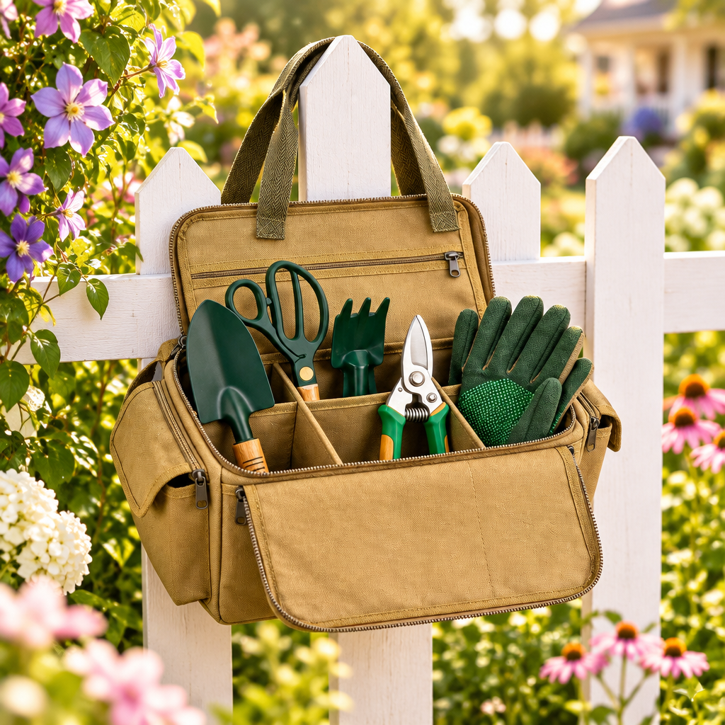 Garden tool bag on white picket fence in blooming garden