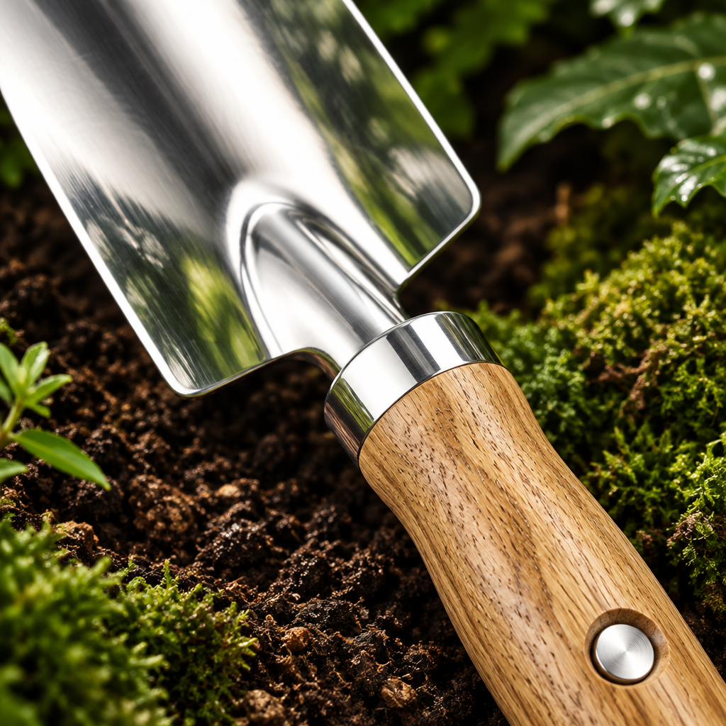 Close-up of stainless steel trowel blade and oak wood handle detail