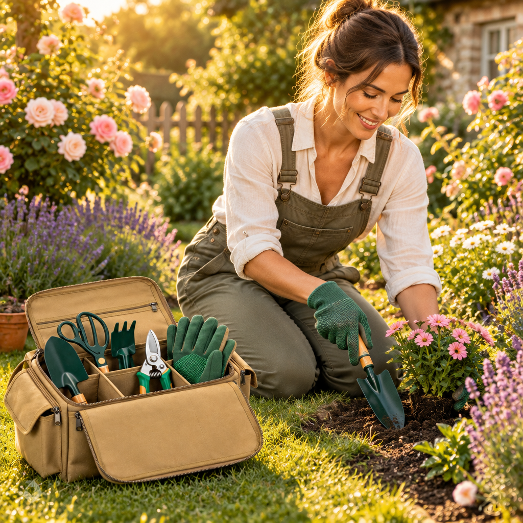 Woman gardening with tool bag in sunny backyard