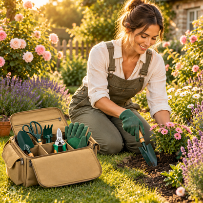 Woman gardening with tool bag in sunny backyard