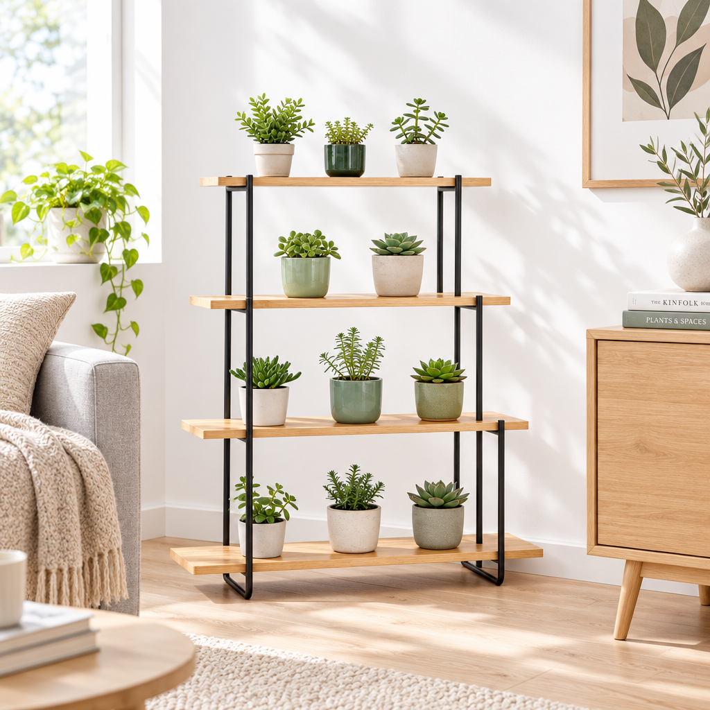 Plant stand in Scandinavian living room with succulents