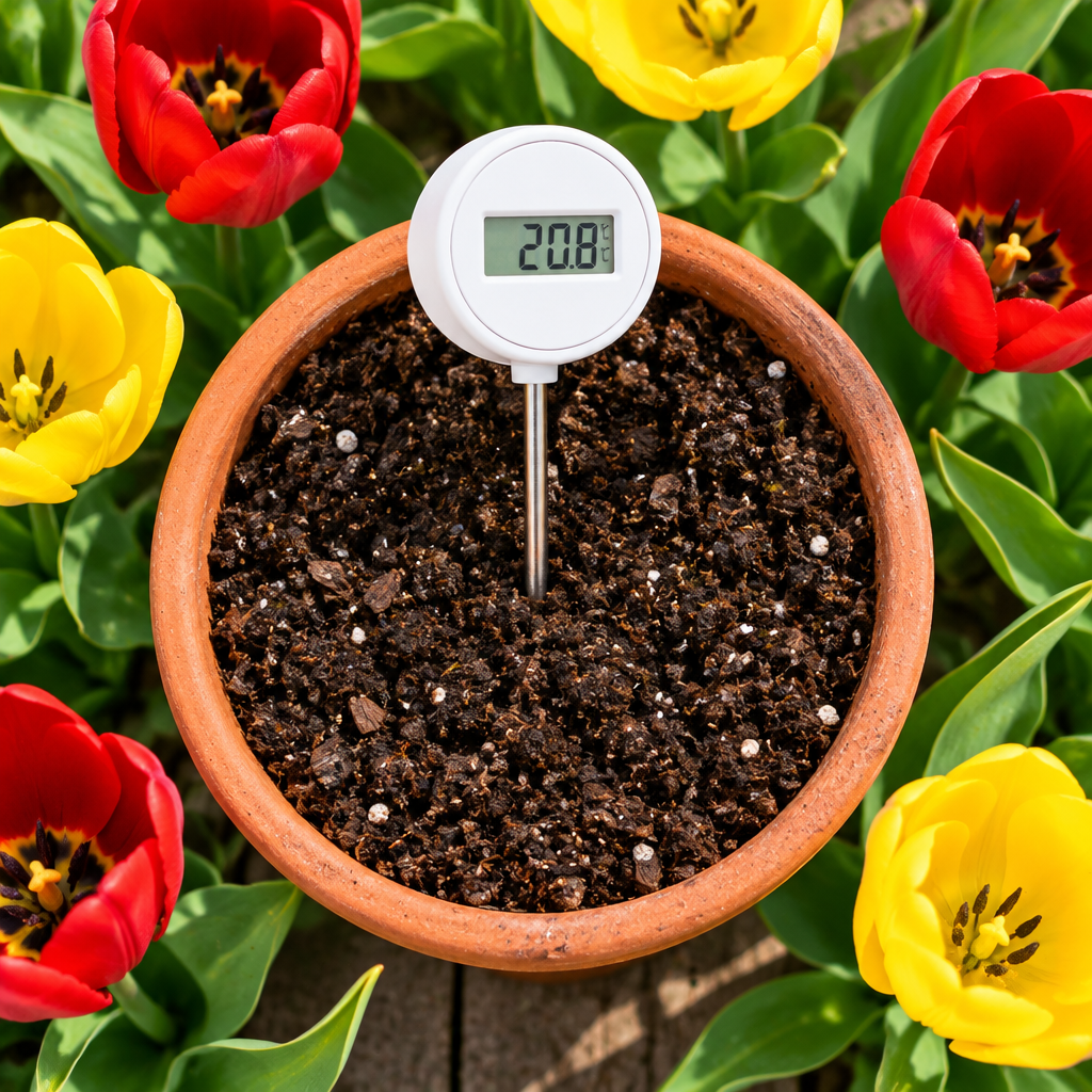Soil thermometer in terracotta pot with tulips