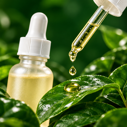 Close-up dropper releasing botanical serum on plant leaves