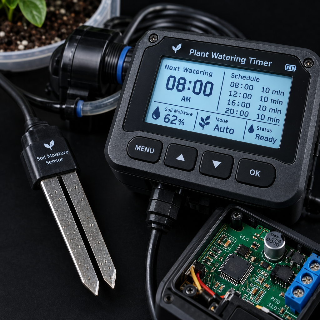 Close-up of LCD timer display and soil moisture sensor probe