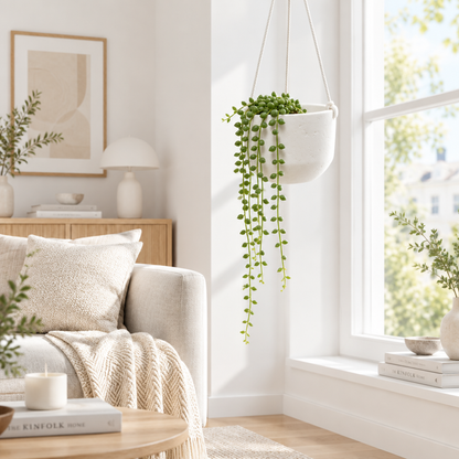 Ceramic hanging planter in Scandinavian living room