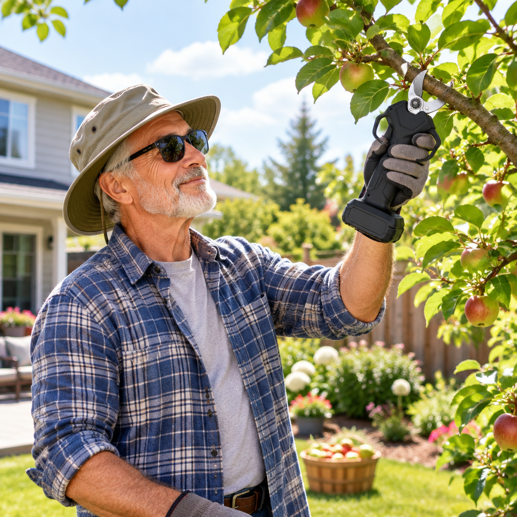 Senior man using electric pruner comfortably in backyard