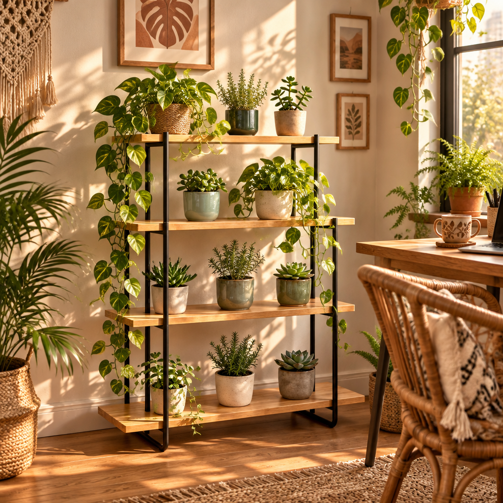 Plant display shelf in bohemian home office corner