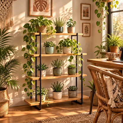 Plant display shelf in bohemian home office corner