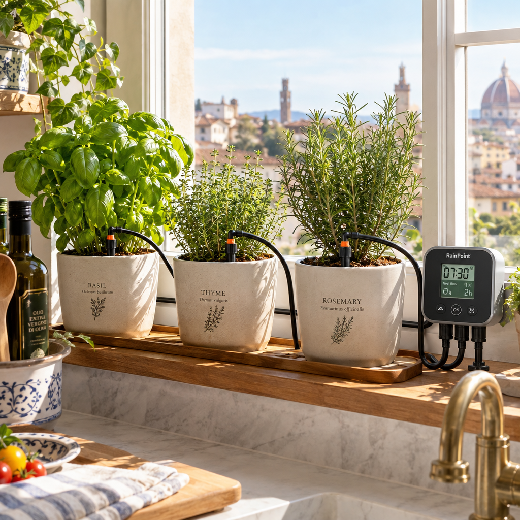Automatic drip watering system for kitchen herb garden