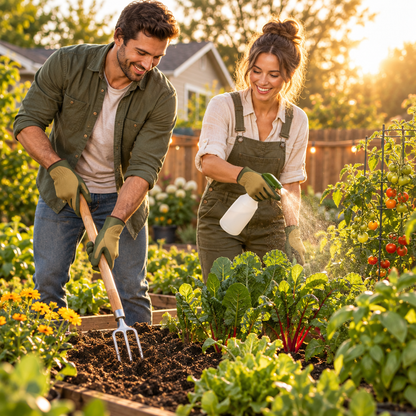 Couple gardening together with tools - cultivator and spray bottle