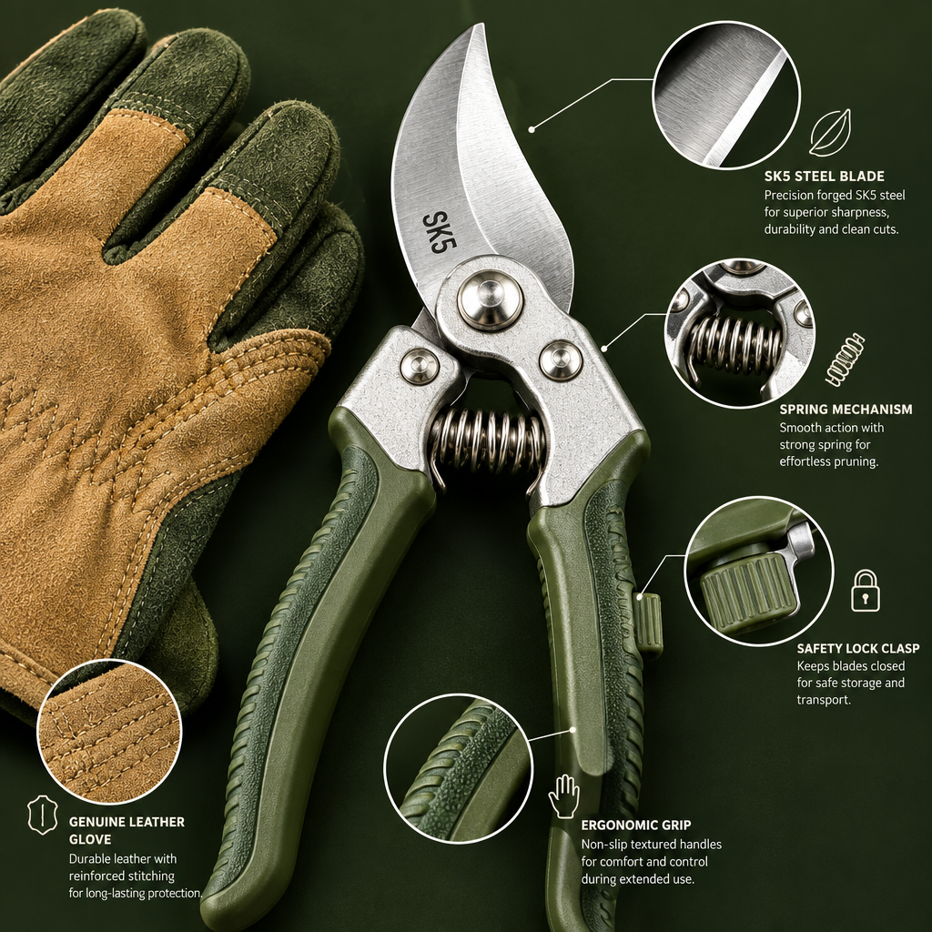 Pruning shears blade and spring mechanism close-up detail