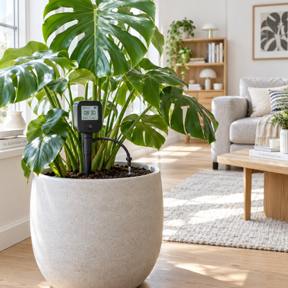 Smart watering device in monstera pot in Scandinavian living room