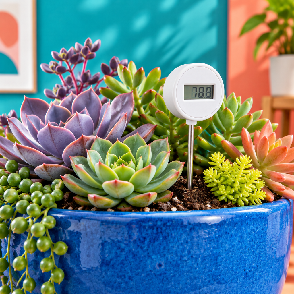 Soil thermometer with succulents in blue pot