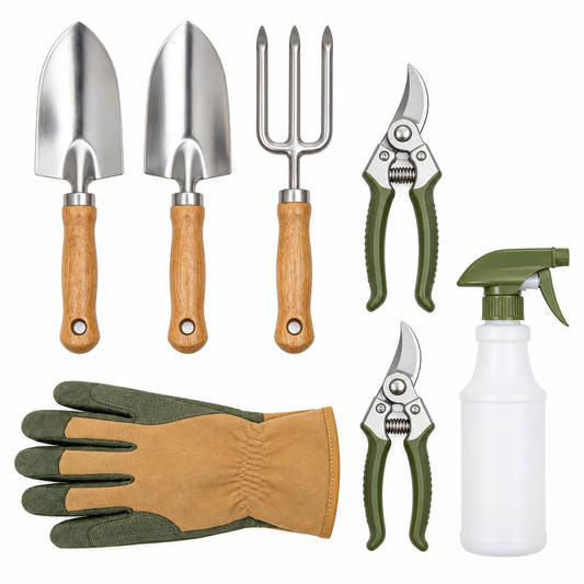 7-piece garden tool set arranged on white background