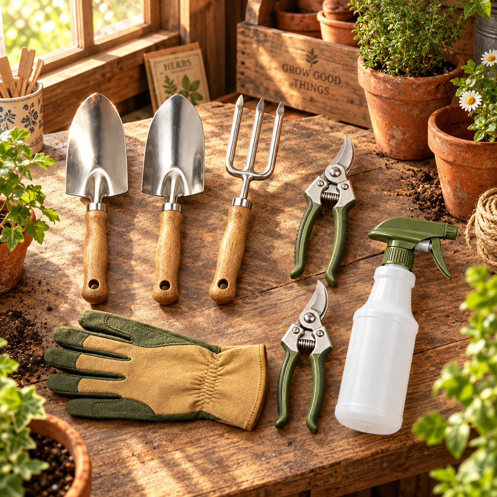 All 7 tools arranged on rustic potting bench in garden shed