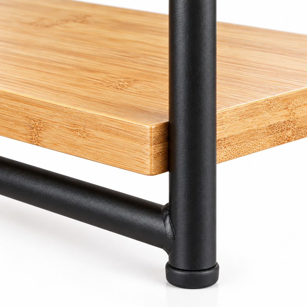 Close-up of bamboo shelf grain and black metal frame joint