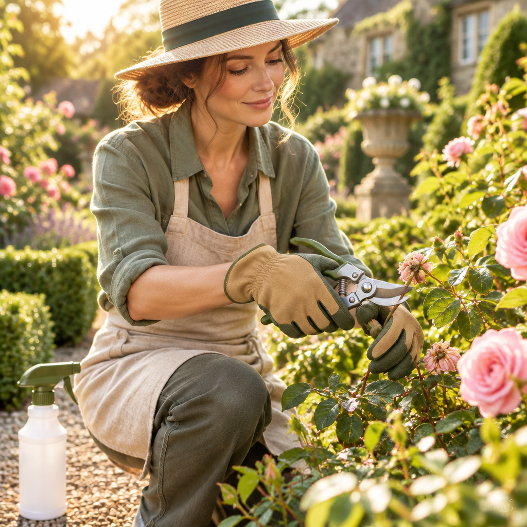 Gardener pruning roses with bypass shears in English garden