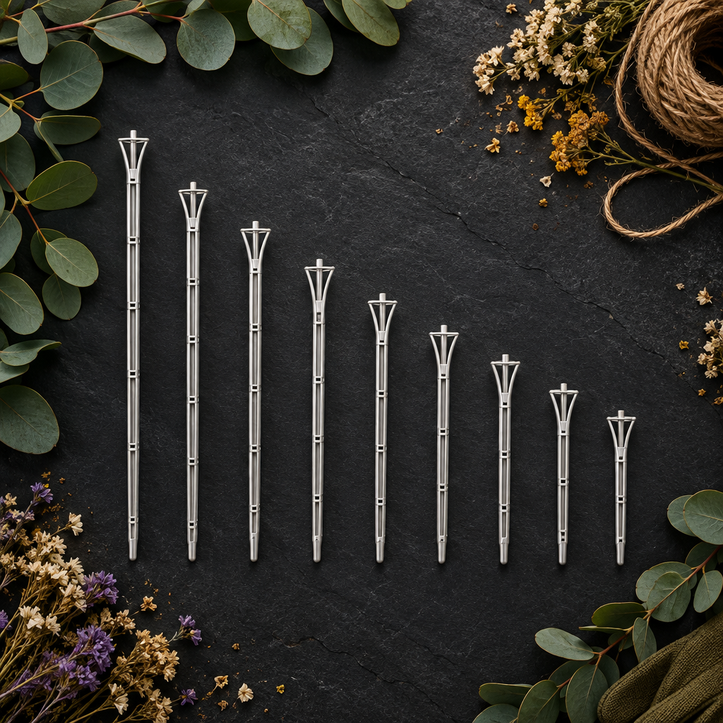 Flat lay 8 stakes on dark slate with botanicals