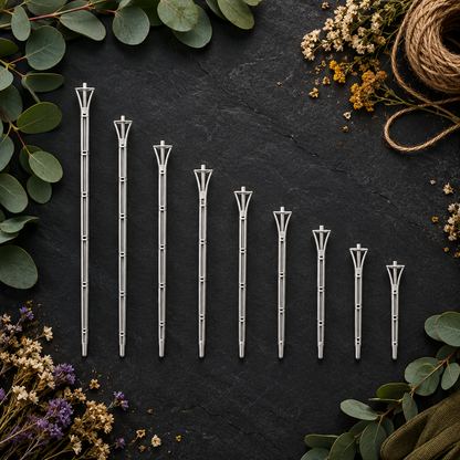 Flat lay 8 stakes on dark slate with botanicals