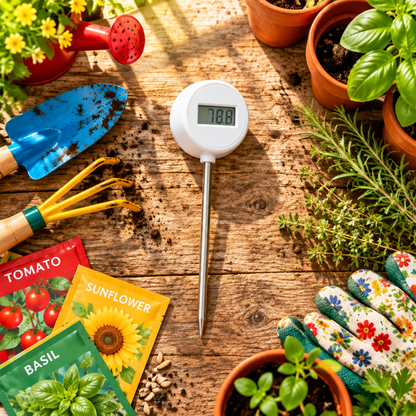 Soil thermometer flat lay with garden tools