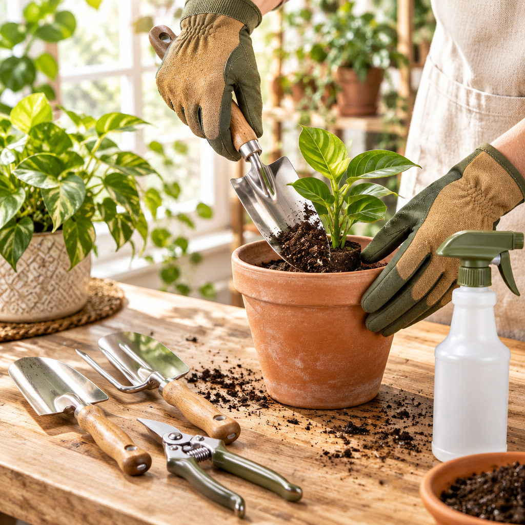 Gloved hands transplanting seedling with trowel into terracotta pot