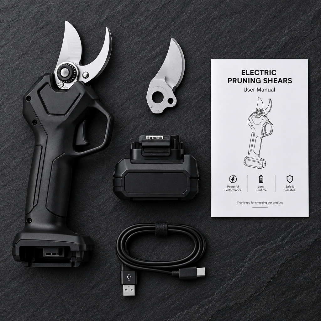 Complete package contents flat lay with battery and accessories