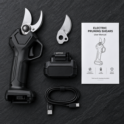 Complete package contents flat lay with battery and accessories