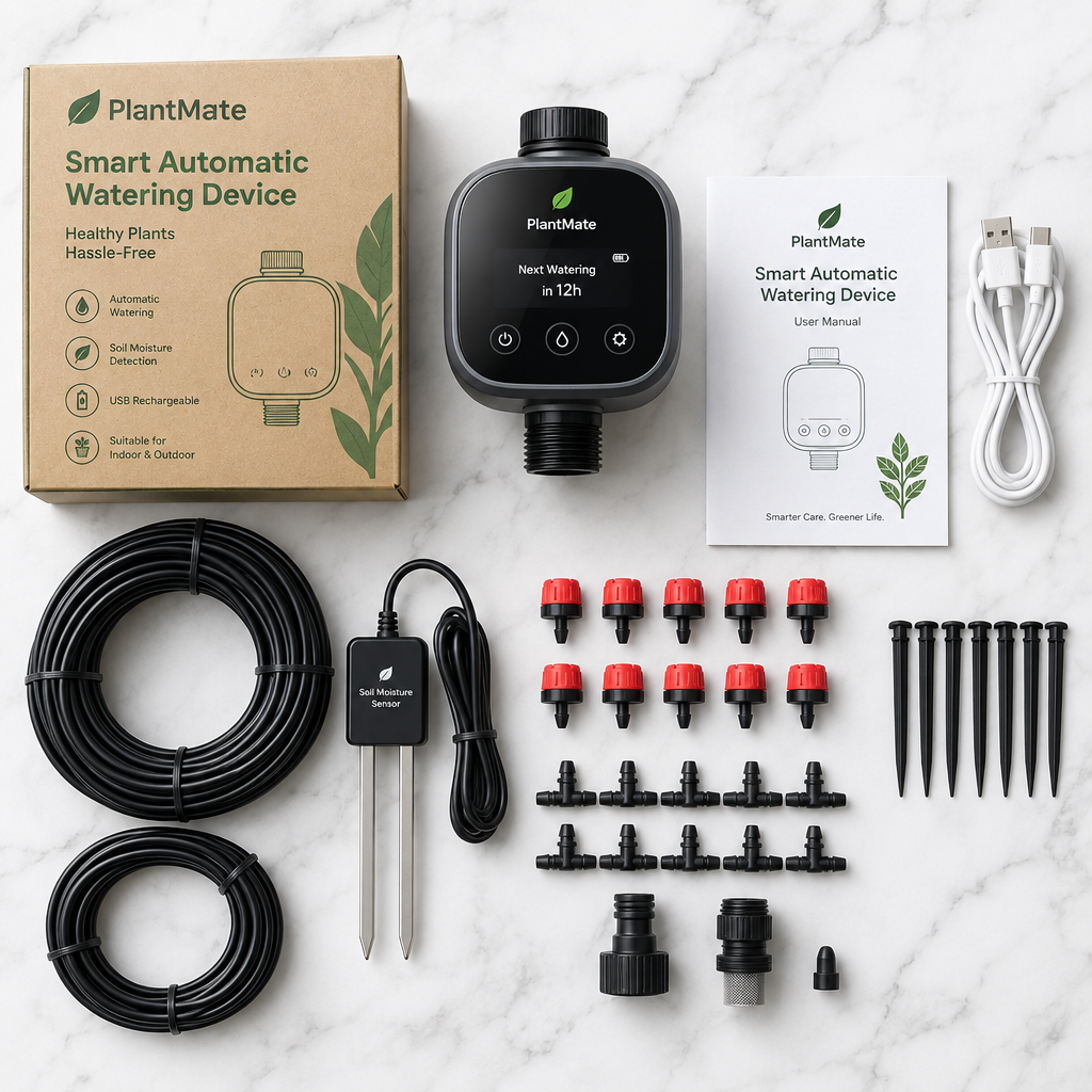 Complete package flat lay with drip tubes and accessories