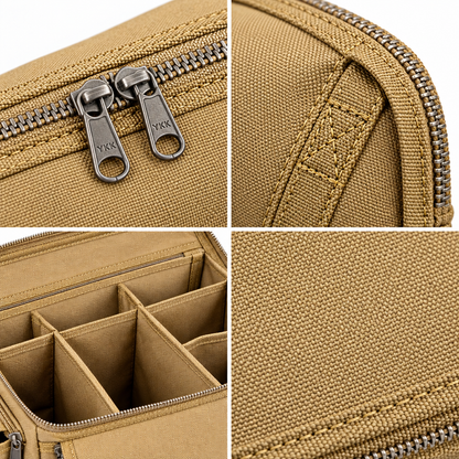 Close-up detail of canvas zipper and stitching quality