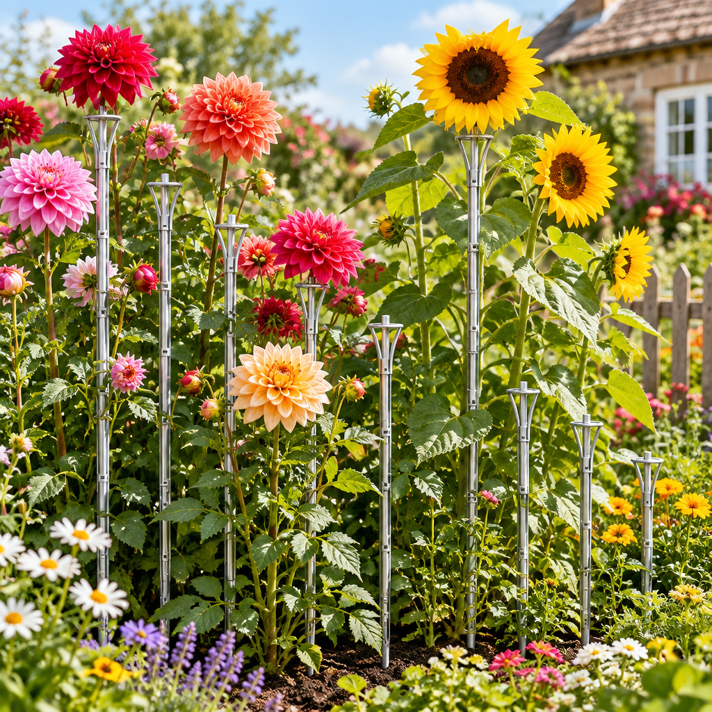 Metal stakes supporting dahlias and sunflowers