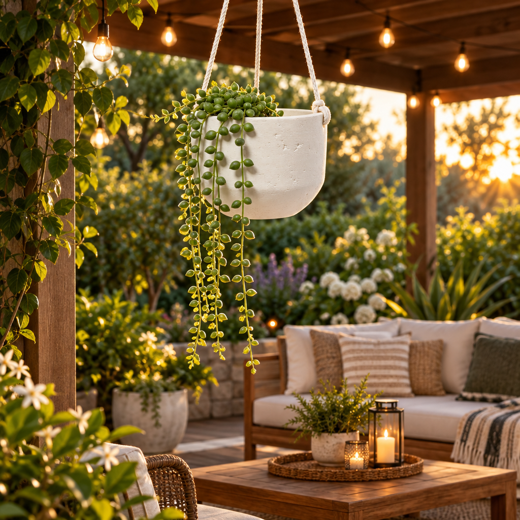 Ceramic planter on outdoor covered patio