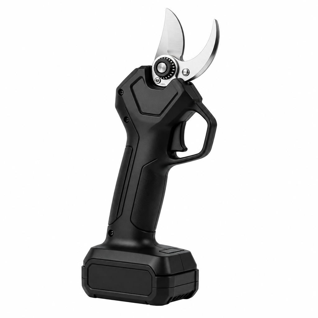 Electric pruning shears on white background