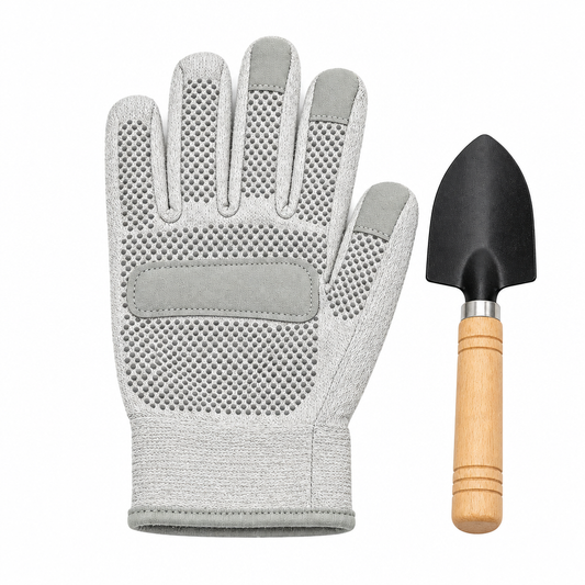 Garden glove and trowel set on white background