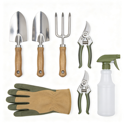 Premium 7-Piece Garden Tool Set flat lay hero shot
