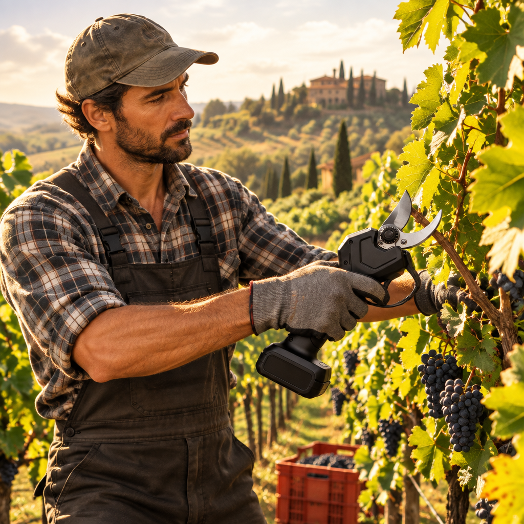 Vineyard worker pruning grapevines with electric shears