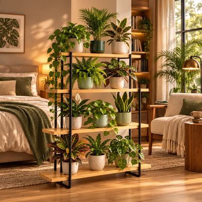 Plant stand as room divider in modern bedroom