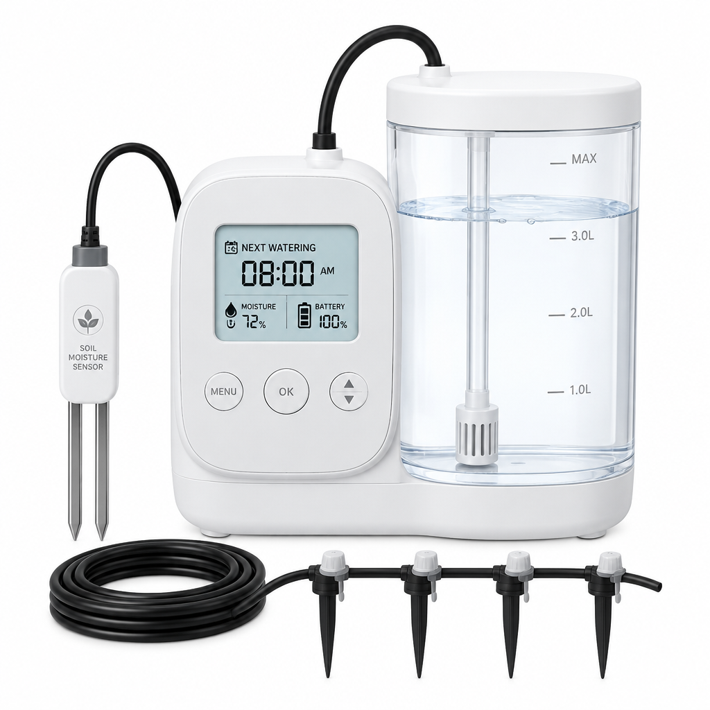 Smart automatic plant watering device on white background