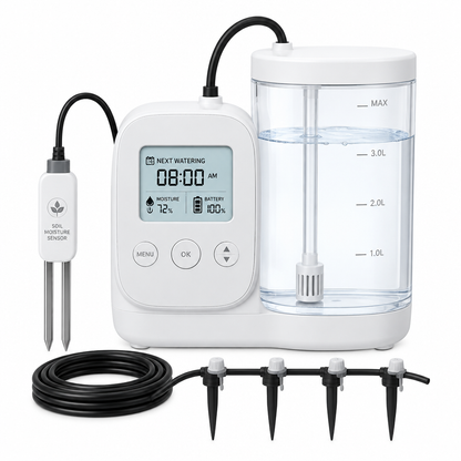 Smart automatic plant watering device on white background