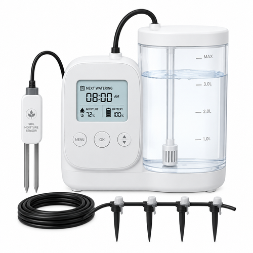 Smart automatic plant watering device on white background