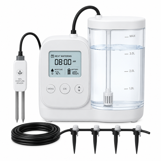 Smart automatic plant watering device on white background