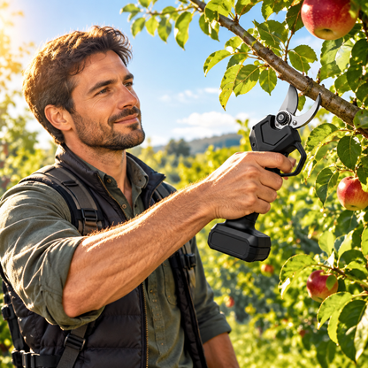 Gardener pruning apple tree with electric shears in orchard