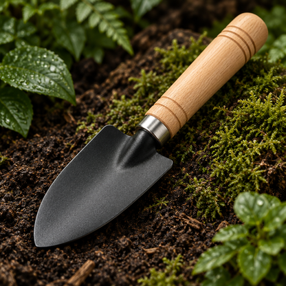 Mini black steel trowel with beechwood handle detail