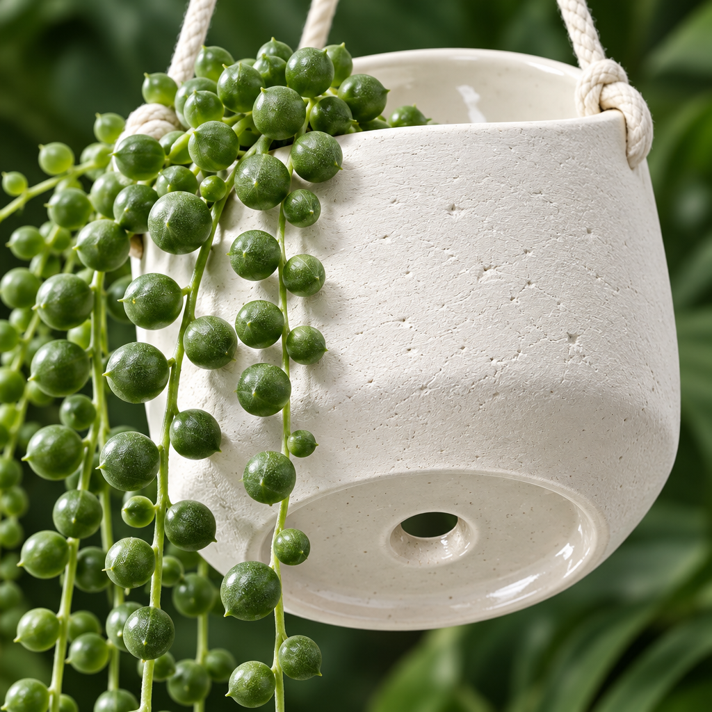 Detail shot of drainage hole and string of pearls beads