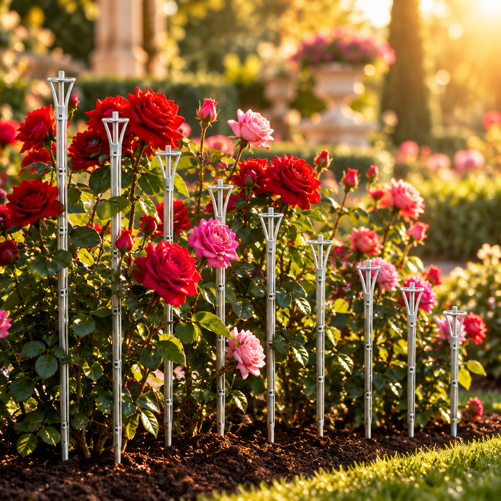 Plant stakes supporting roses in luxury garden