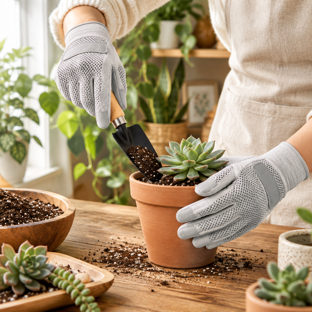 Hands in garden gloves potting succulent with mini trowel